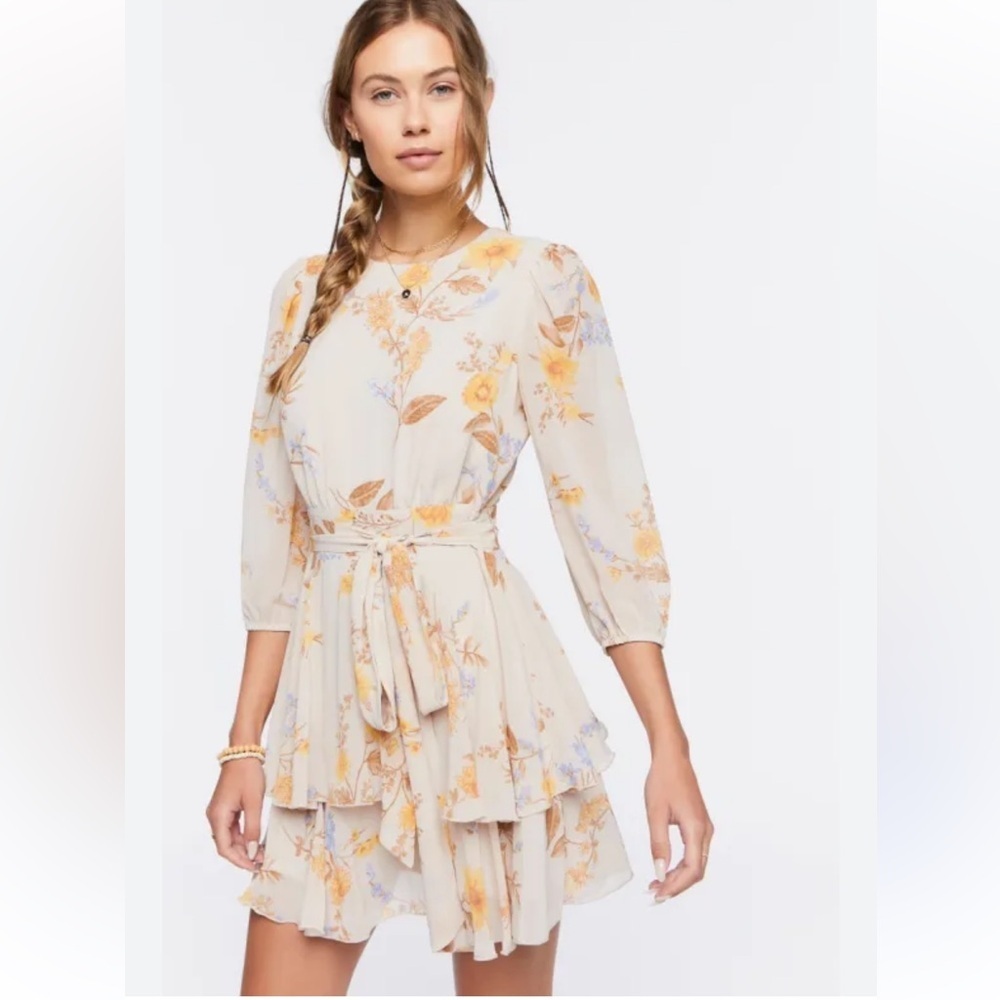 Forever 21 Cream Floral belted Mini Dress size XS